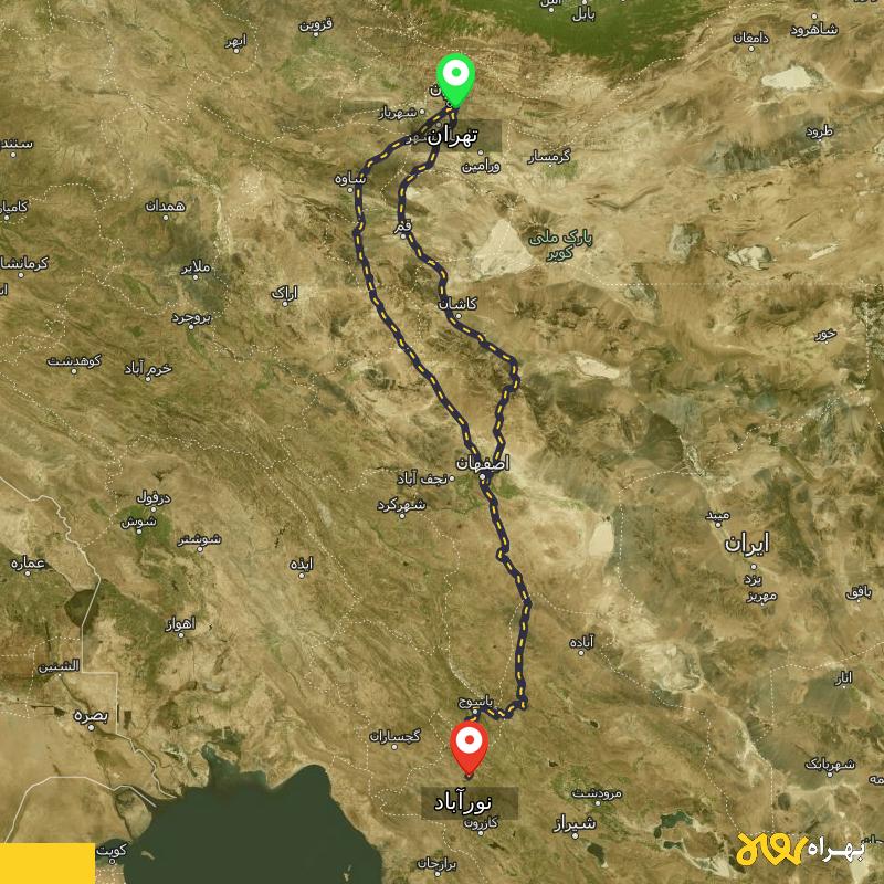 مسافت و فاصله نورآباد - نورآباد ممسنی تا تهران از ۲ مسیر - اردیبهشت ۱۴۰۳