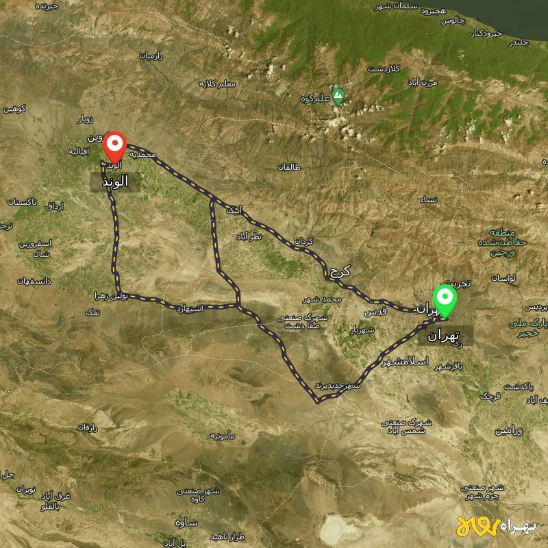 مسافت و فاصله الوند - قزوین تا تهران از ۳ مسیر - مرداد ۱۴۰۳