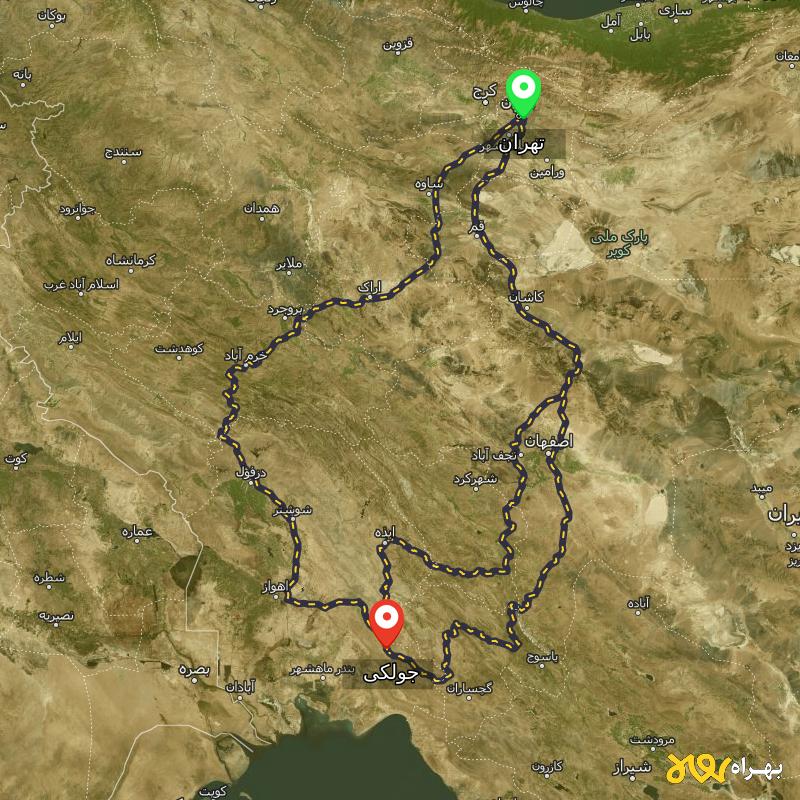 مسافت و فاصله جولکی - خوزستان تا تهران از ۳ مسیر - شهریور ۱۴۰۳