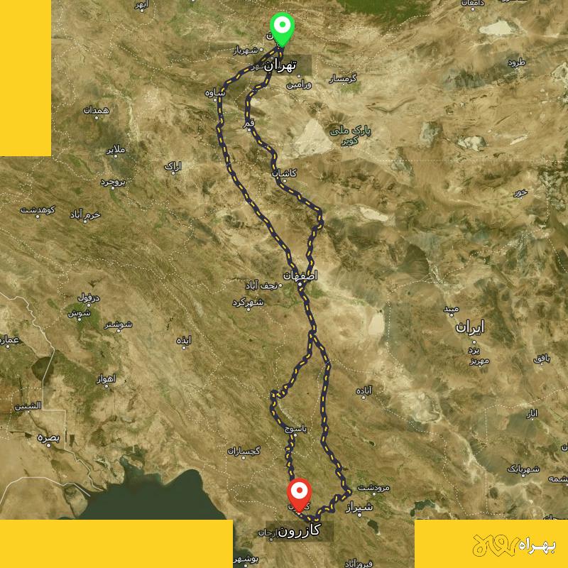 مسافت و فاصله کازرون - فارس تا تهران از ۳ مسیر - اردیبهشت ۱۴۰۳