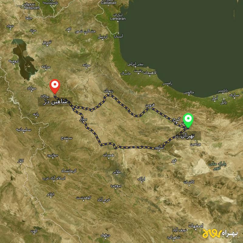 مسافت و فاصله شاهین دژ - آذربایجان غربی تا تهران از ۲ مسیر - دی ۱۴۰۳