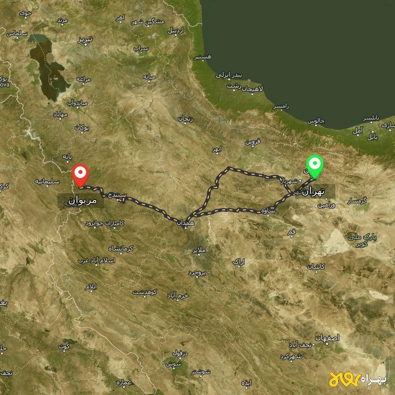 مسافت و فاصله مریوان - کردستان تا تهران از 2 مسیر - مسیریاب بهراه