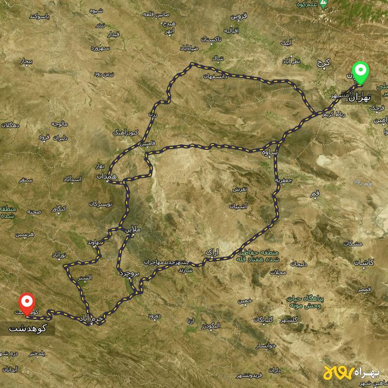 مسافت و فاصله کوهدشت - لرستان تا تهران از 3 مسیر - مسیریاب بهراه