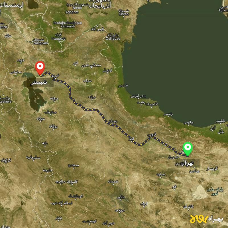 مسافت و فاصله شبستر - آذربایجان شرقی تا تهران - مسیریاب بهراه