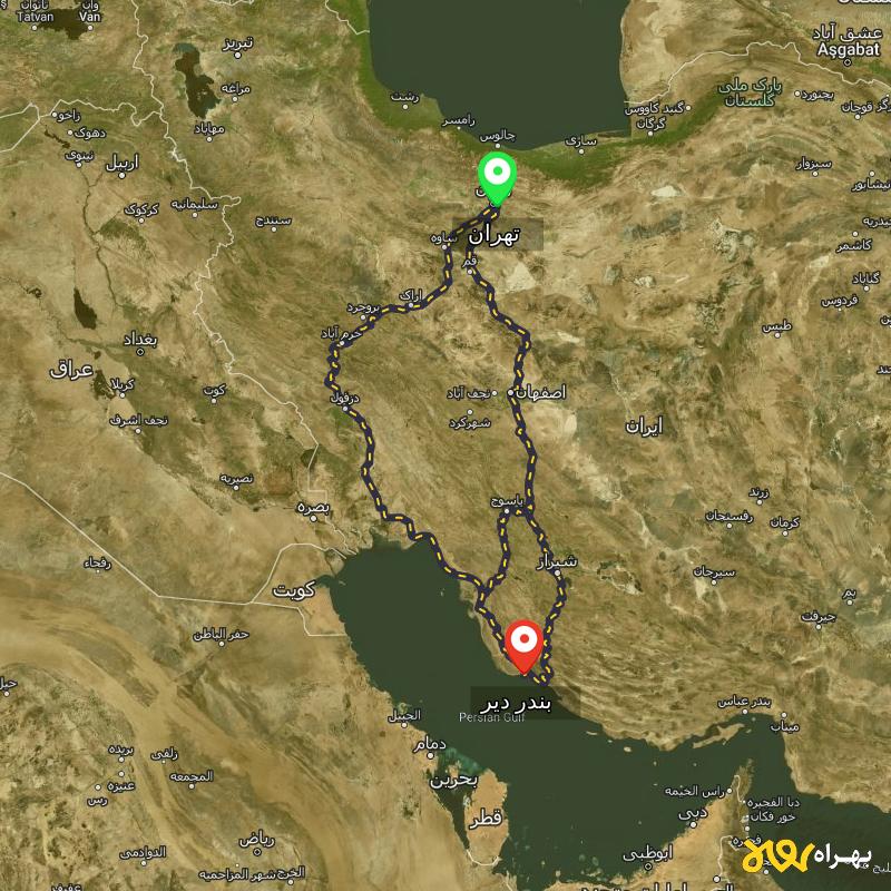 مسافت و فاصله بندر دیر - بوشهر تا تهران از ۳ مسیر - اردیبهشت ۱۴۰۳