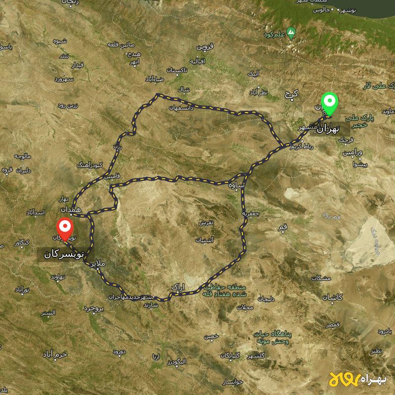مسافت و فاصله تویسرکان - همدان تا تهران از ۳ مسیر - مرداد ۱۴۰۳