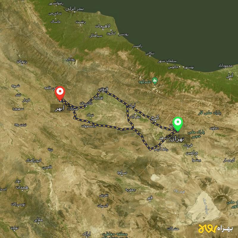 مسافت و فاصله ابهر - زنجان تا تهران از ۳ مسیر - اردیبهشت ۱۴۰۳