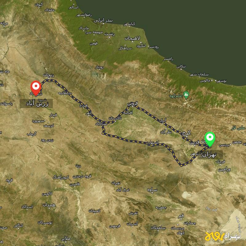 مسافت و فاصله زرین آباد - زنجان تا تهران از ۲ مسیر - آذر ۱۴۰۳
