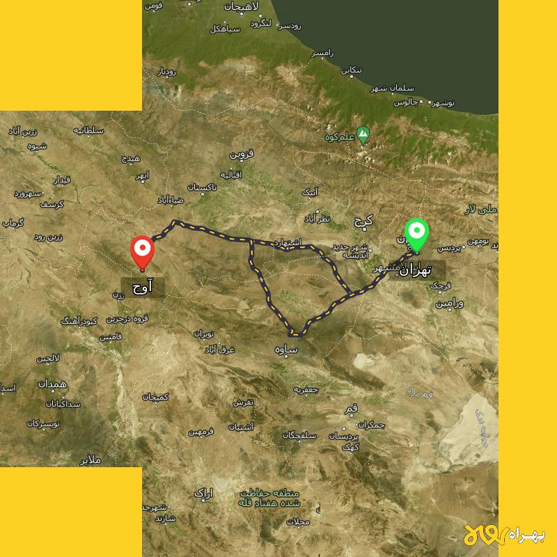 مسافت و فاصله آوج - قزوین تا تهران از ۲ مسیر - مرداد ۱۴۰۳