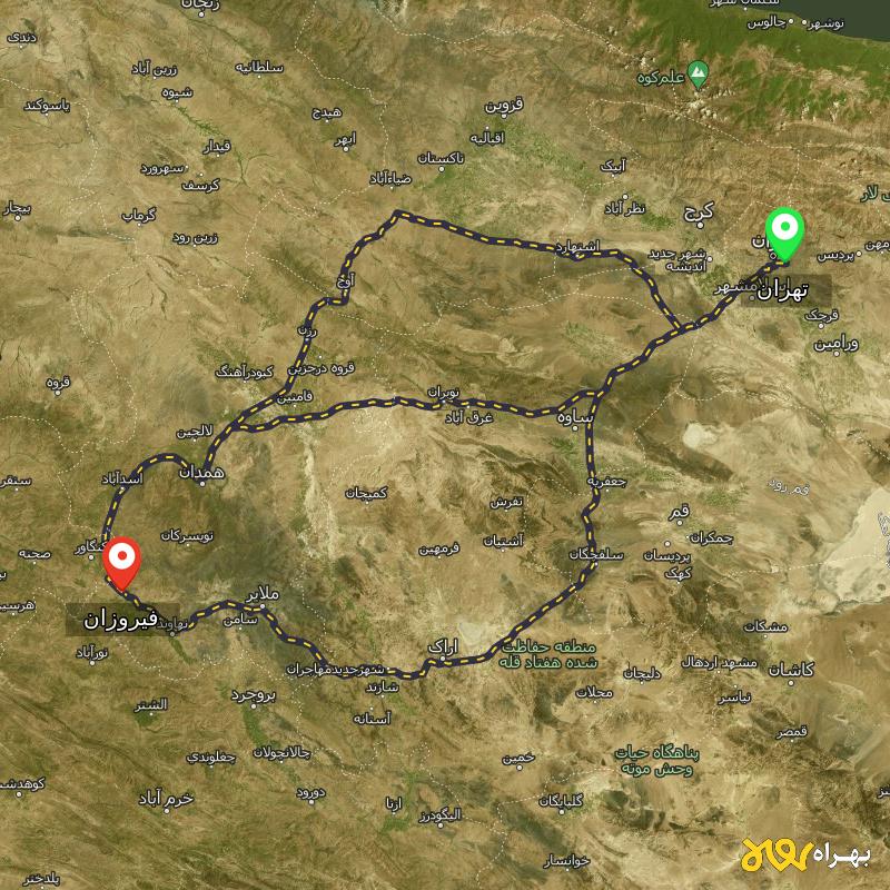 مسافت و فاصله فیروزان - همدان تا تهران از ۳ مسیر - مهر ۱۴۰۳