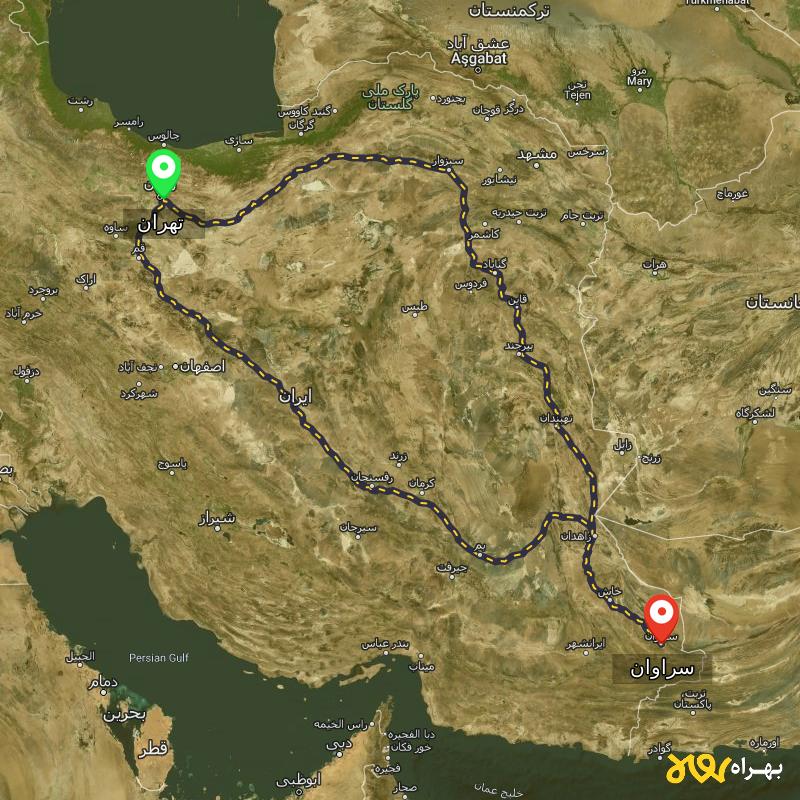 مسافت و فاصله سراوان - سیستان و بلوچستان تا تهران از 2 مسیر - مسیریاب بهراه