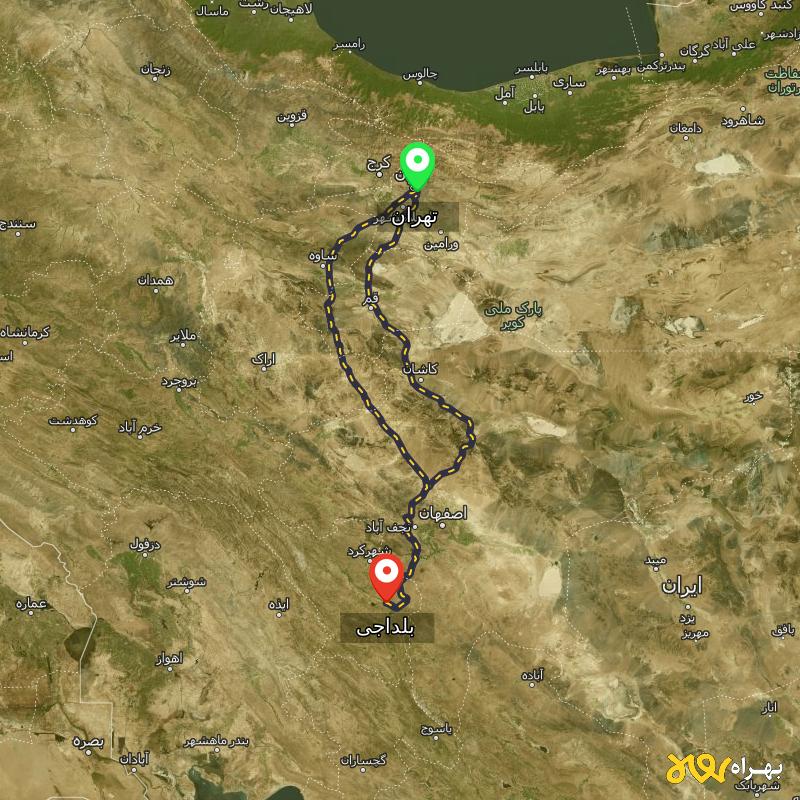 مسافت و فاصله بلداجی - چهارمحال و بختیاری تا تهران از ۲ مسیر - شهریور ۱۴۰۳