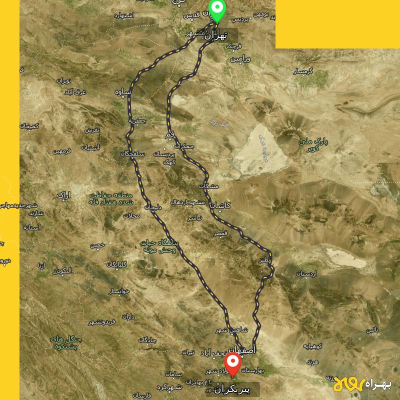 مسافت و فاصله پیربکران - اصفهان تا تهران از ۲ مسیر - آذر ۱۴۰۳