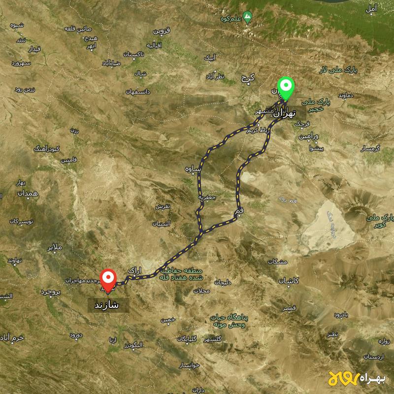 مسافت و فاصله شازند - مرکزی تا تهران از 2 مسیر - مسیریاب بهراه
