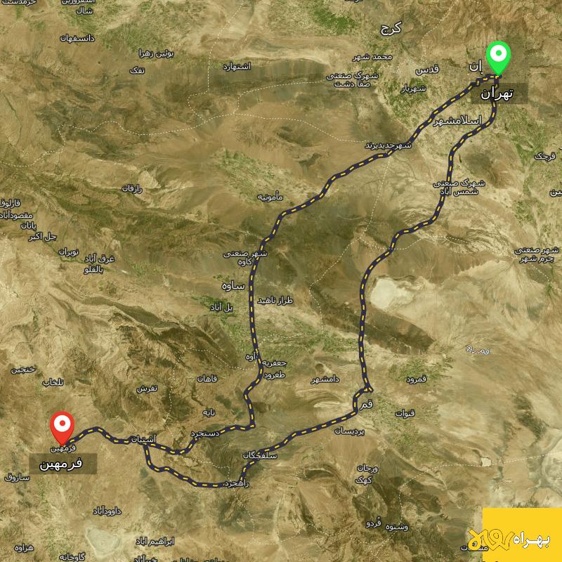 مسافت و فاصله فرمهین - مرکزی تا تهران از ۲ مسیر - آذر ۱۴۰۳