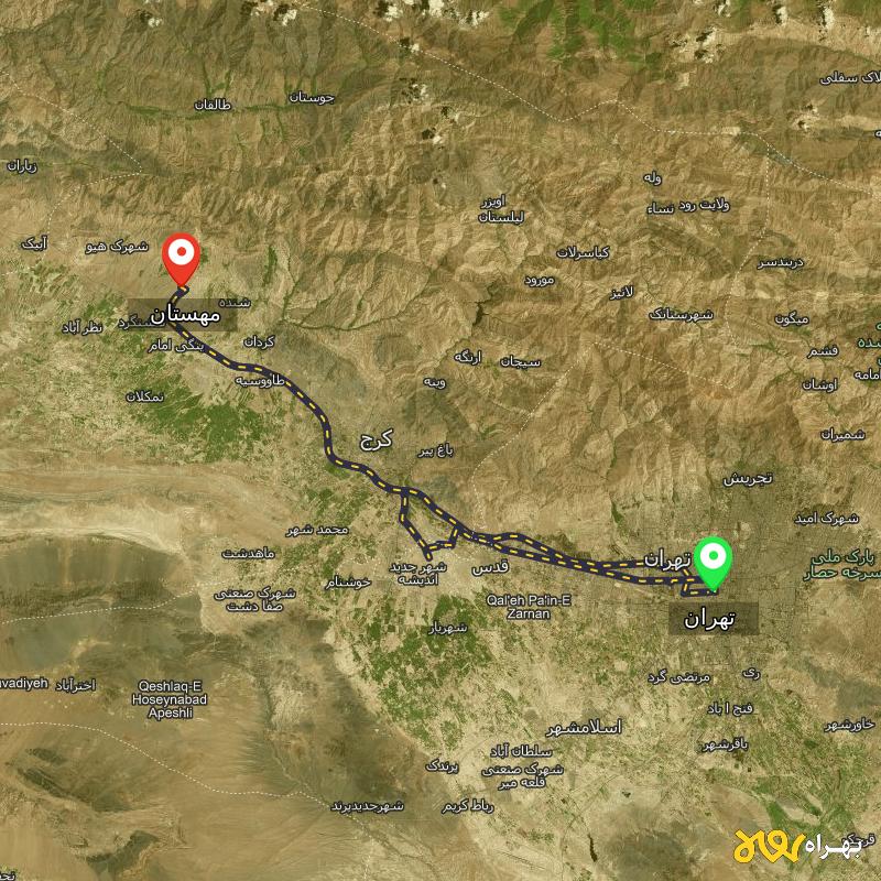 مسافت و فاصله مهستان تا تهران از ۲ مسیر - اردیبهشت ۱۴۰۳