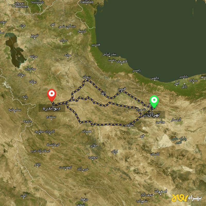 مسافت و فاصله دیواندره - کردستان تا تهران از ۳ مسیر - اردیبهشت ۱۴۰۳