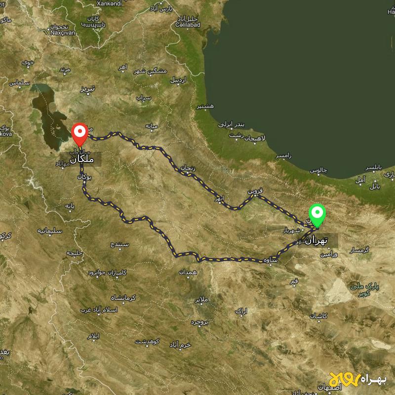 مسافت و فاصله ملکان - آذربایجان شرقی تا تهران از 2 مسیر - مسیریاب بهراه