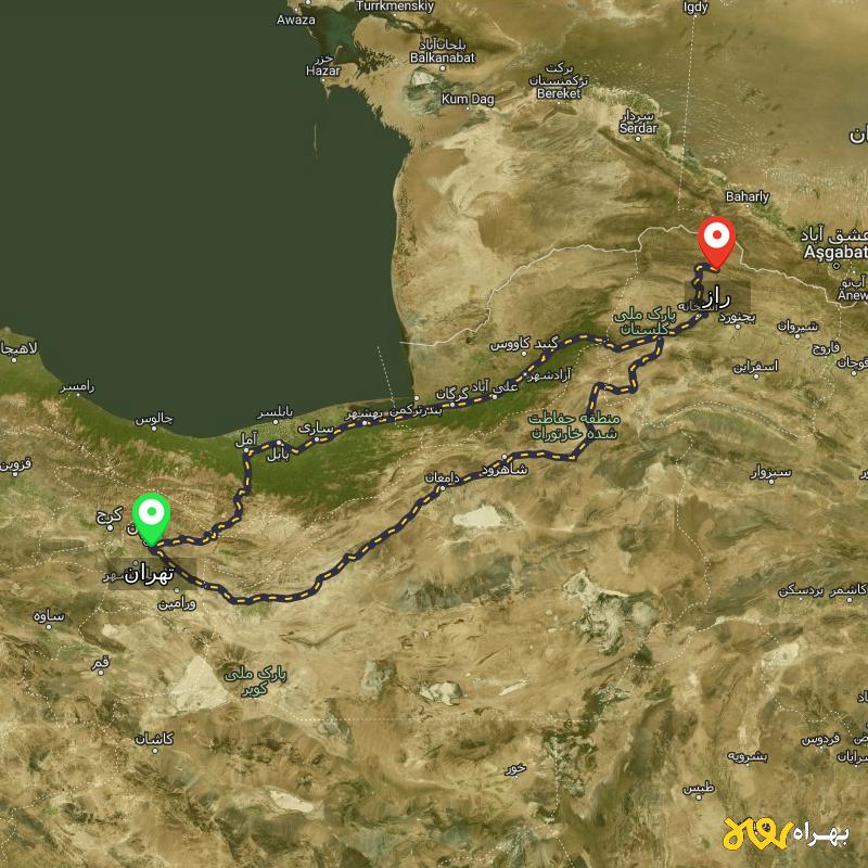 مسافت و فاصله راز - خراسان شمالی تا تهران از ۲ مسیر - آذر ۱۴۰۳