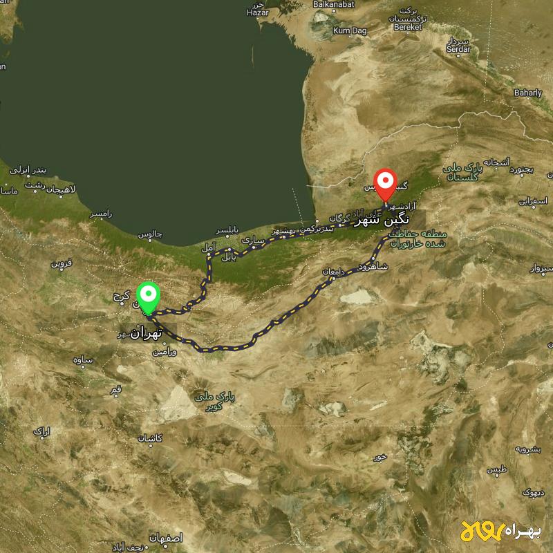 مسافت و فاصله نگین شهر - گلستان تا تهران از ۲ مسیر - اردیبهشت ۱۴۰۳