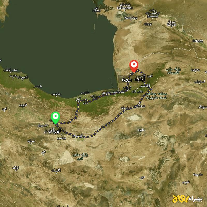 مسافت و فاصله اینچه برون - گلستان تا تهران از ۲ مسیر - اردیبهشت ۱۴۰۳