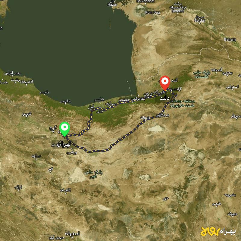 مسافت و فاصله دلند - گلستان تا تهران از ۲ مسیر - دی ۱۴۰۳