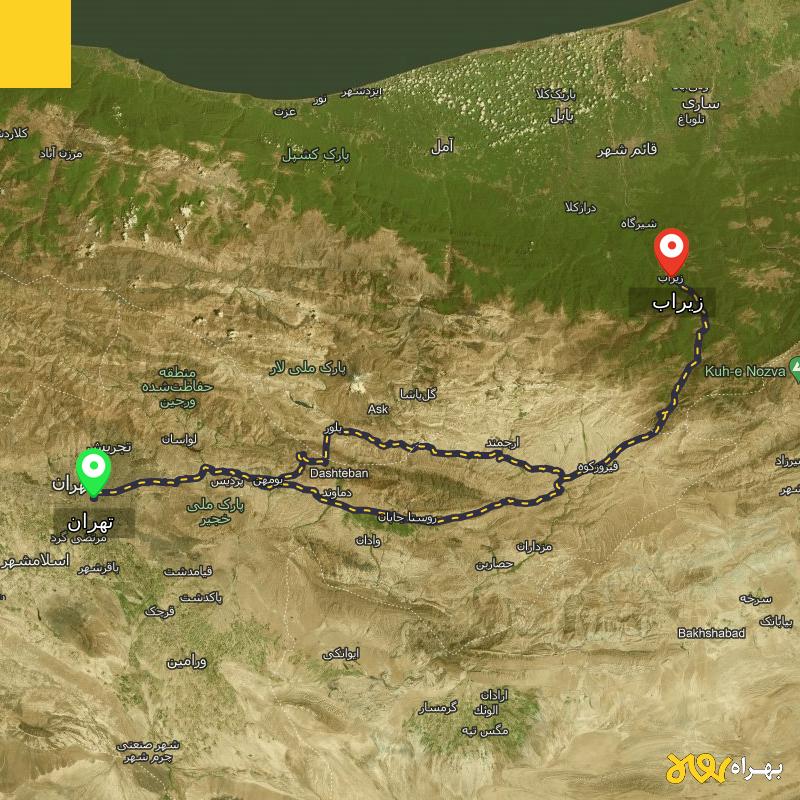 مسافت و فاصله زیراب - مازندران تا تهران از 2 مسیر - مسیریاب بهراه