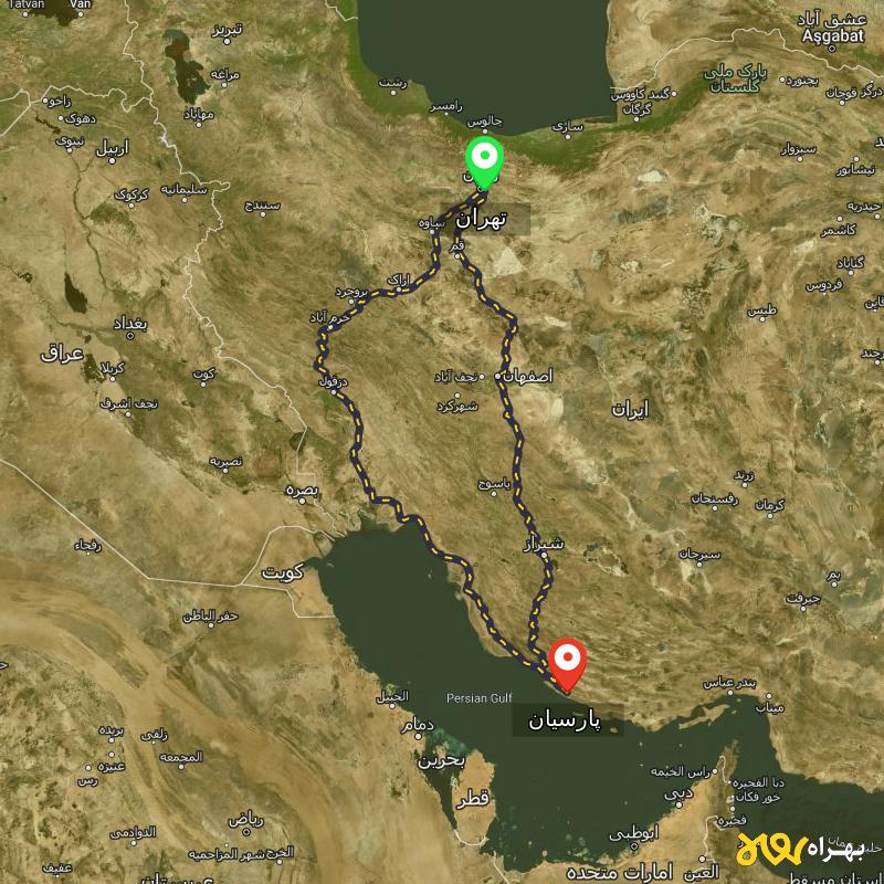 مسافت و فاصله پارسیان - هرمزگان تا تهران از ۲ مسیر - اردیبهشت ۱۴۰۳