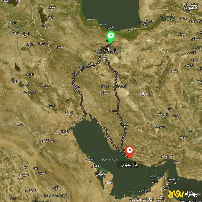 مسافت و فاصله پارسیان - هرمزگان تا تهران از ۲ مسیر - آبان ۱۴۰۳