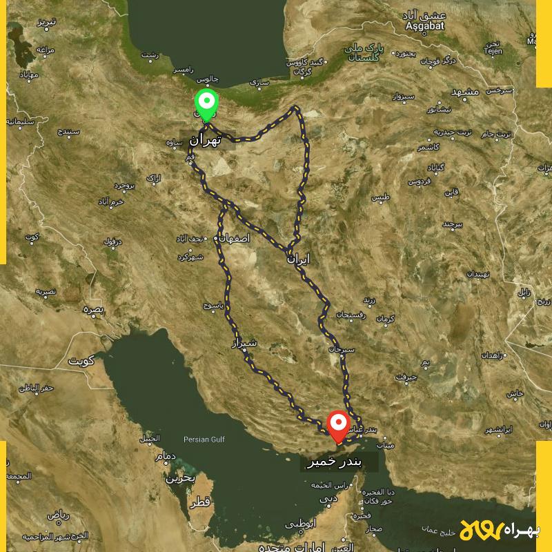 مسافت و فاصله بندر خمیر - هرمزگان تا تهران از 3 مسیر - مسیریاب بهراه