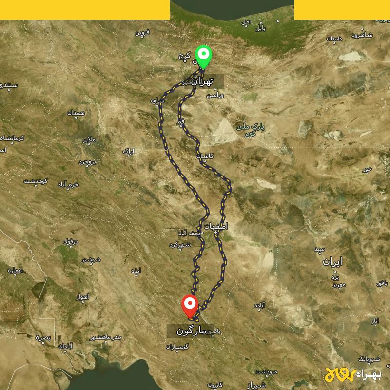 مسافت و فاصله مارگون - کهگیلویه و بویر احمد تا تهران از ۲ مسیر - آبان ۱۴۰۳