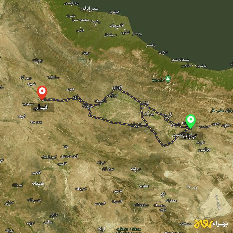 مسافت و فاصله قیدار - زنجان تا تهران از ۳ مسیر - اردیبهشت ۱۴۰۳