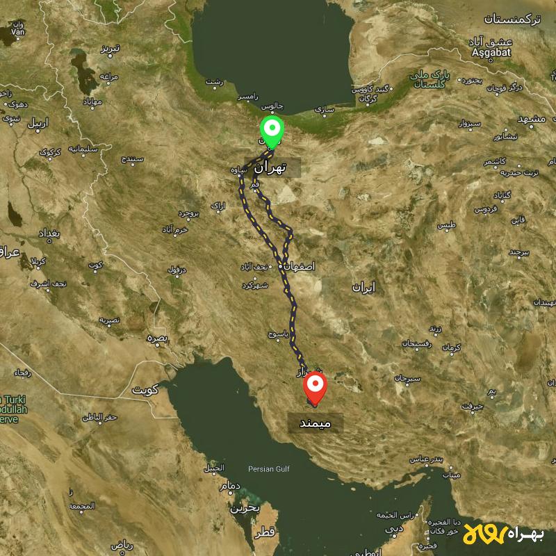 مسافت و فاصله میمند - فارس تا تهران از ۲ مسیر - آذر ۱۴۰۳