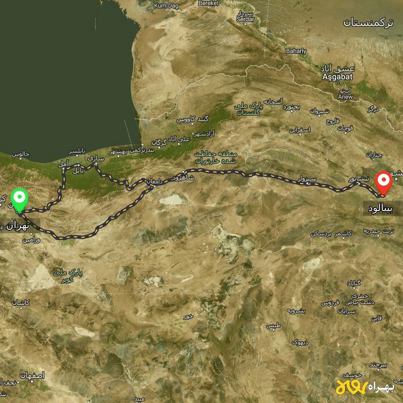 مسافت و فاصله بینالود - خراسان رضوی تا تهران از ۲ مسیر - آبان ۱۴۰۳
