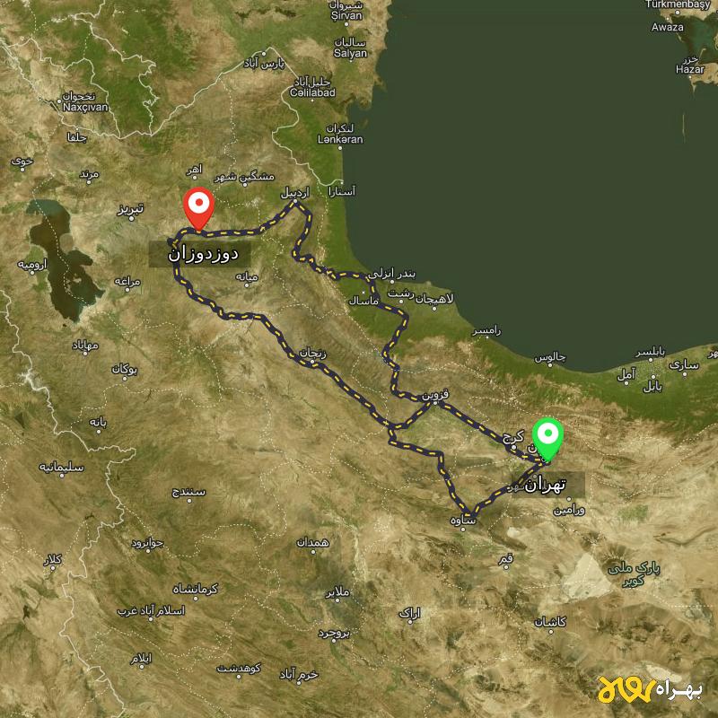 مسافت و فاصله دوزدوزان - آذربایجان شرقی تا تهران از ۳ مسیر - شهریور ۱۴۰۳