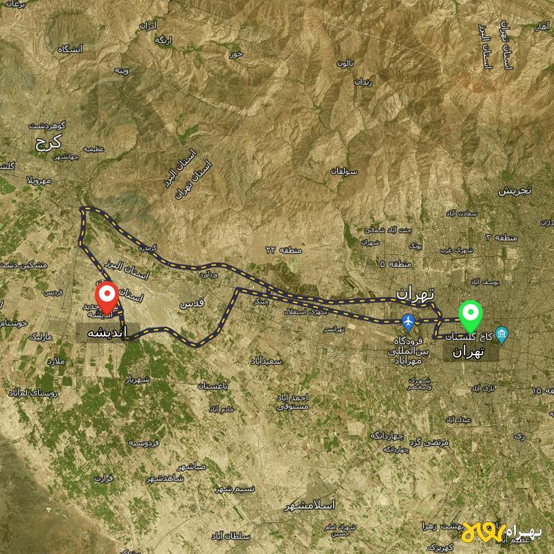 مسافت و فاصله اندیشه تا تهران از ۳ مسیر - بهمن ۱۴۰۳