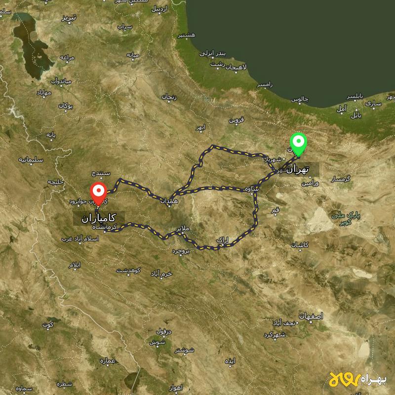 مسافت و فاصله کامیاران - کردستان تا تهران از ۳ مسیر - اردیبهشت ۱۴۰۳