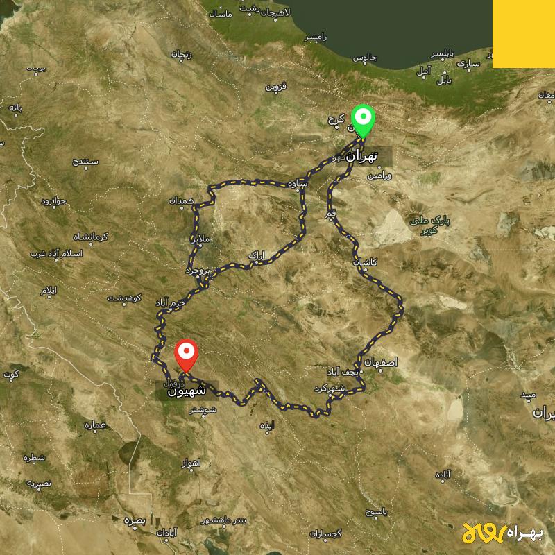 مسافت و فاصله شهیون - خوزستان تا تهران از ۳ مسیر - شهریور ۱۴۰۳