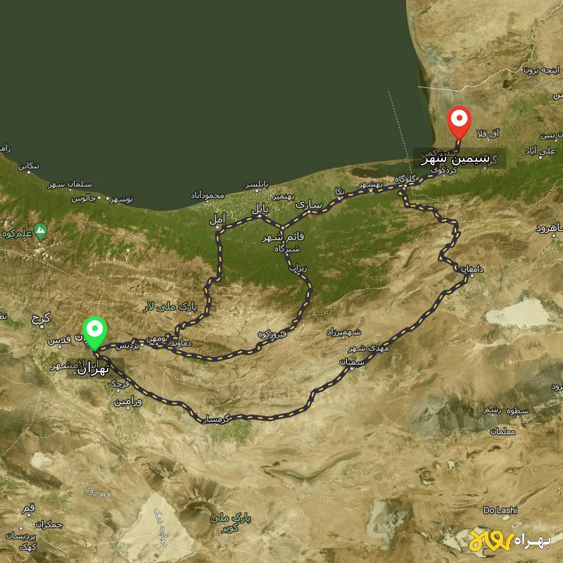 مسافت و فاصله سیمین شهر - گلستان تا تهران از ۳ مسیر - آذر ۱۴۰۳