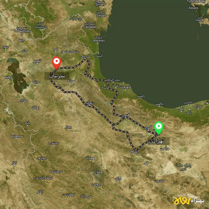 مسافت و فاصله شربیان - آذربایجان شرقی تا تهران از ۳ مسیر - مرداد ۱۴۰۳