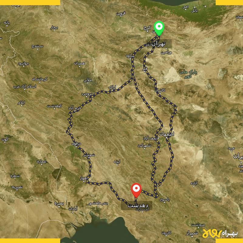 مسافت و فاصله دهدشت - کهگیلویه و بویر احمد تا تهران از ۳ مسیر - مرداد ۱۴۰۳
