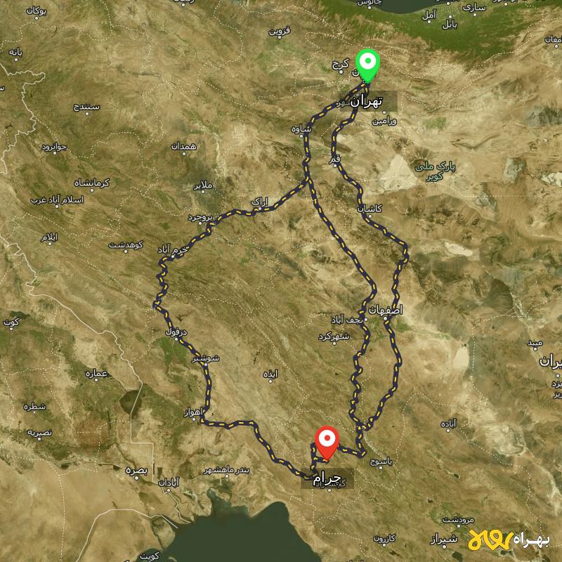 مسافت و فاصله چرام - کهگیلویه و بویر احمد تا تهران از ۳ مسیر - مرداد ۱۴۰۳