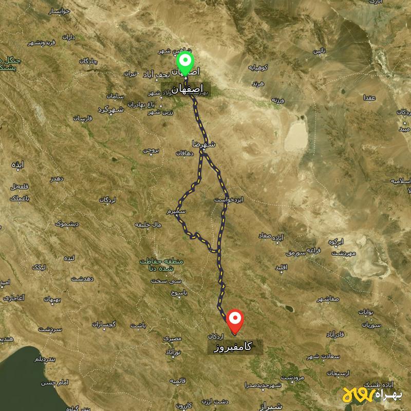 مسافت و فاصله کامفیروز - فارس تا اصفهان از ۲ مسیر - مرداد ۱۴۰۳