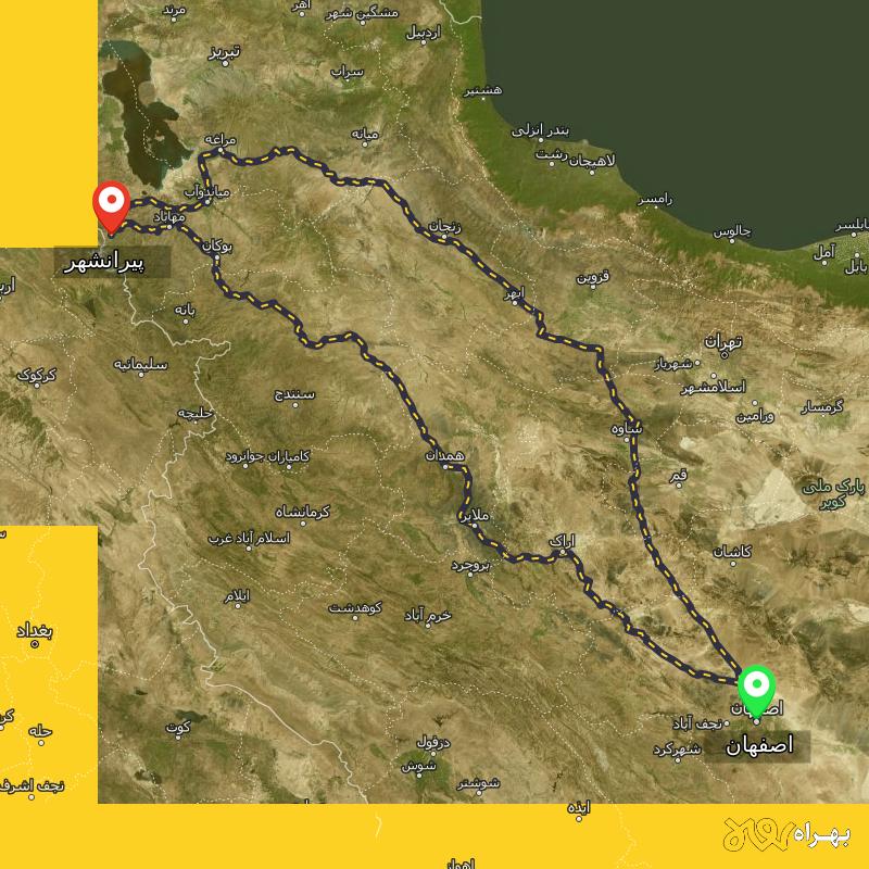 مسافت و فاصله پیرانشهر - آذربایجان غربی تا اصفهان از ۲ مسیر - اردیبهشت ۱۴۰۳