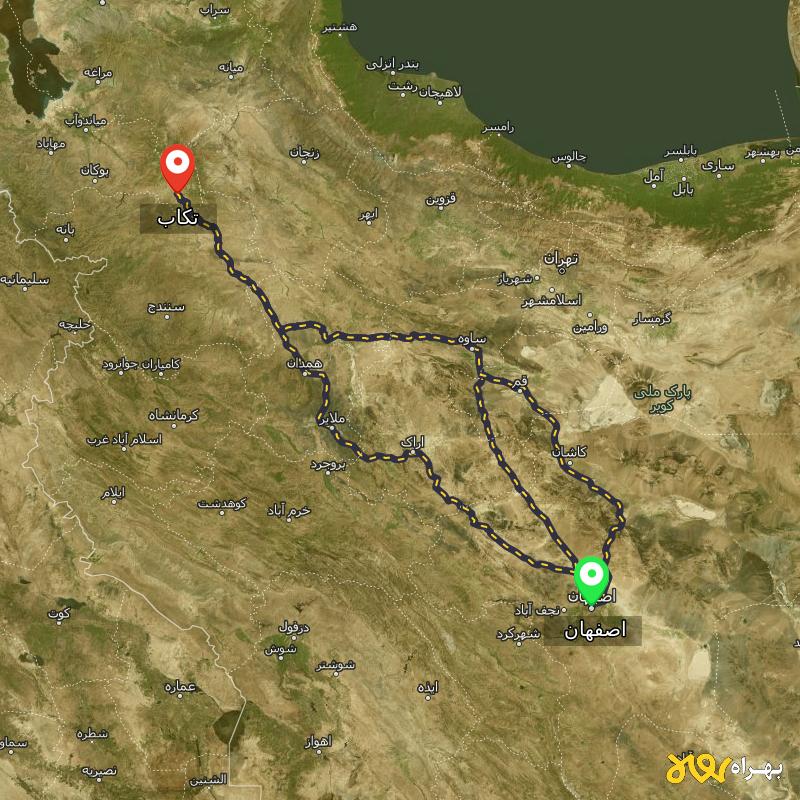 مسافت و فاصله تکاب - آذربایجان غربی تا اصفهان از 3 مسیر - مسیریاب بهراه