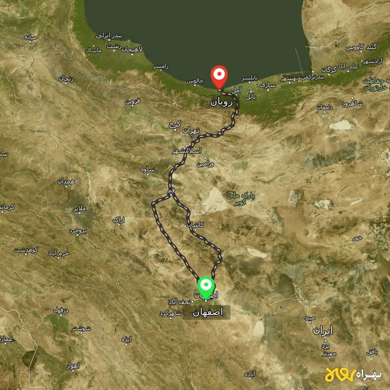 مسافت و فاصله رویان - مازندران تا اصفهان از ۲ مسیر - مرداد ۱۴۰۳