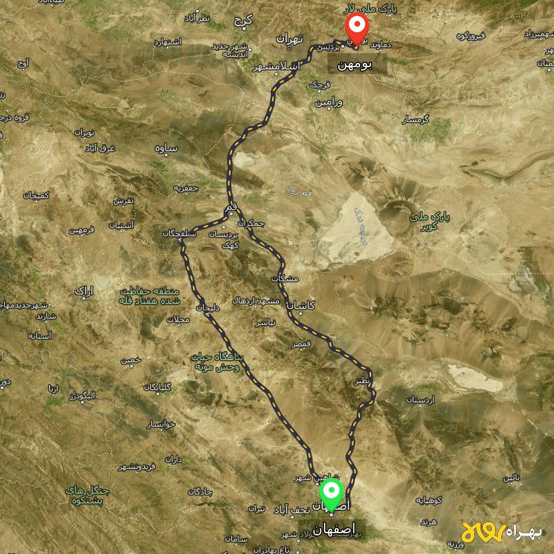 مسافت و فاصله بومهن - تهران تا اصفهان از ۲ مسیر - مهر ۱۴۰۳