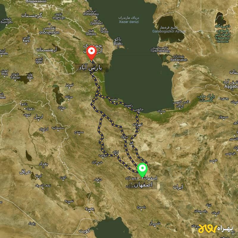 مسافت و فاصله پارس آباد تا اصفهان از ۳ مسیر - اردیبهشت ۱۴۰۳
