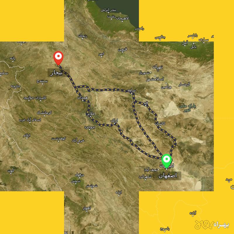 مسافت و فاصله بیجار - کردستان تا اصفهان از 3 مسیر - مسیریاب بهراه