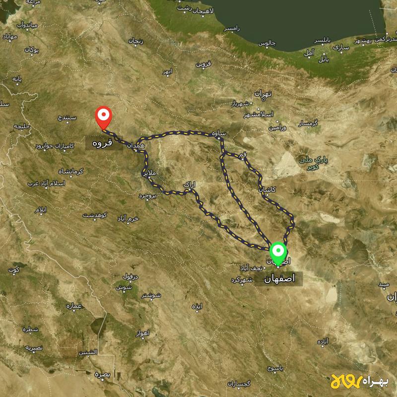مسافت و فاصله قروه - کردستان تا اصفهان از 3 مسیر - مسیریاب بهراه